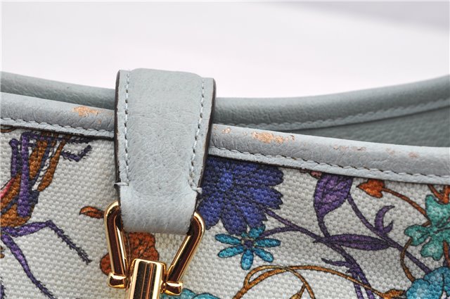 Authentic GUCCI Jackie Flora Shoulder Bag Canvas Leather 550152 Light Blue 7825F