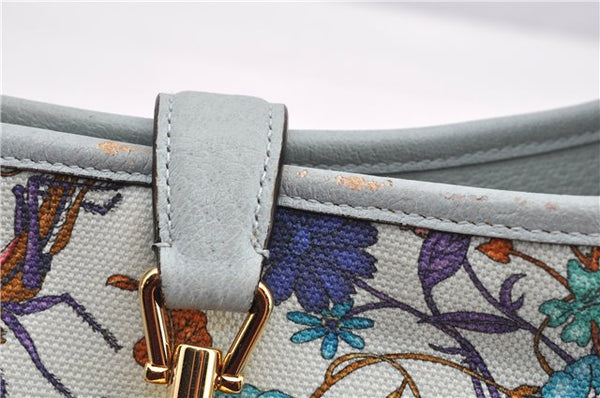 Authentic GUCCI Jackie Flora Shoulder Bag Canvas Leather 550152 Light Blue 7825F