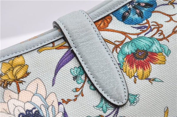 Authentic GUCCI Jackie Flora Shoulder Bag Canvas Leather 550152 Light Blue 7825F