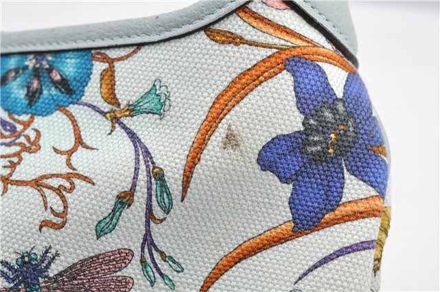 Authentic GUCCI Jackie Flora Shoulder Bag Canvas Leather 550152 Light Blue 7825F