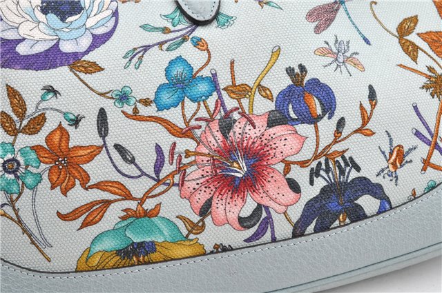 Authentic GUCCI Jackie Flora Shoulder Bag Canvas Leather 550152 Light Blue 7825F