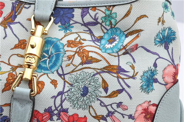 Authentic GUCCI Jackie Flora Shoulder Bag Canvas Leather 550152 Light Blue 7825F