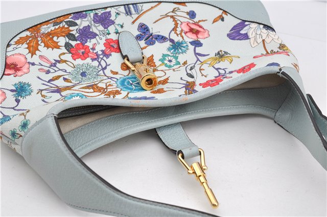 Authentic GUCCI Jackie Flora Shoulder Bag Canvas Leather 550152 Light Blue 7825F
