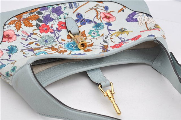 Authentic GUCCI Jackie Flora Shoulder Bag Canvas Leather 550152 Light Blue 7825F