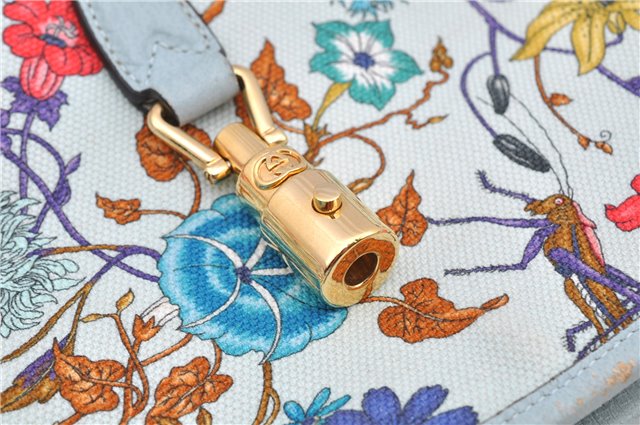 Authentic GUCCI Jackie Flora Shoulder Bag Canvas Leather 550152 Light Blue 7825F