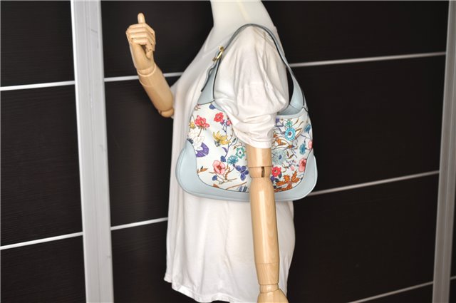 Authentic GUCCI Jackie Flora Shoulder Bag Canvas Leather 550152 Light Blue 7825F