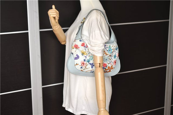 Authentic GUCCI Jackie Flora Shoulder Bag Canvas Leather 550152 Light Blue 7825F