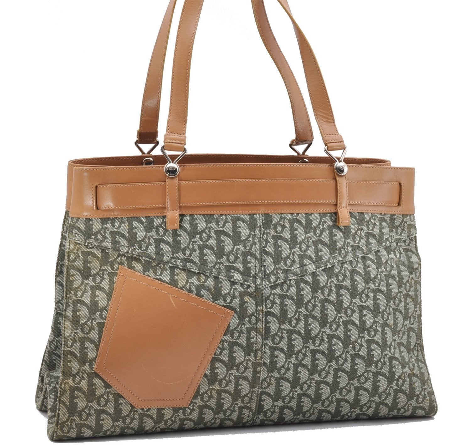 Authentic Christian Dior Trotter Shoulder Hand Bag Canvas Leather Green 7831F