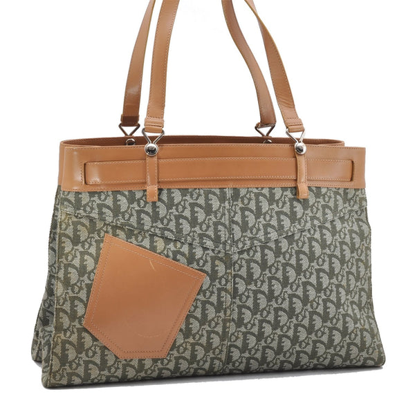Authentic Christian Dior Trotter Shoulder Hand Bag Canvas Leather Green 7831F