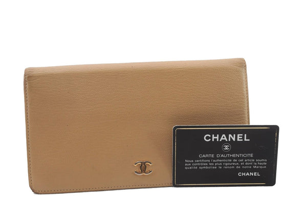 Authentic CHANEL Calf Skin CoCo Mark Bifold Long Wallet Purse Beige 7837C