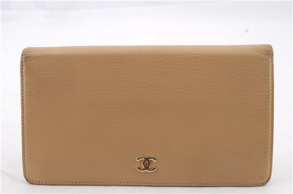 Authentic CHANEL Calf Skin CoCo Mark Bifold Long Wallet Purse Beige 7837C