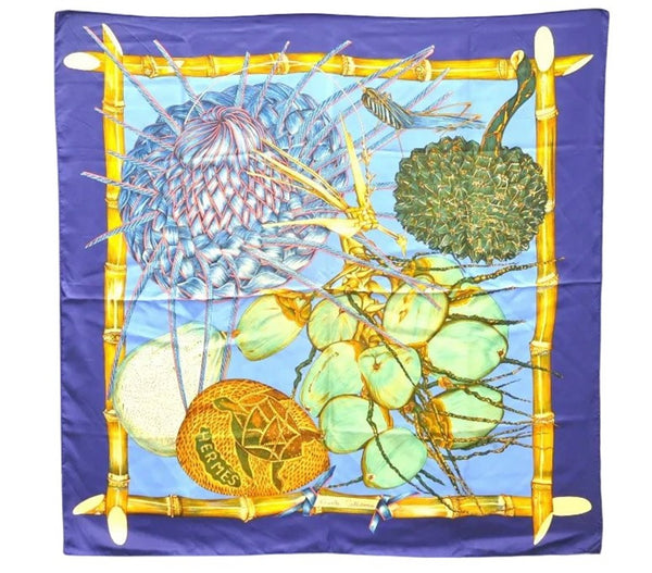 Authentic HERMES Carre 90 Scarf "Nouvelle Coledonie" Silk Navy 7837D