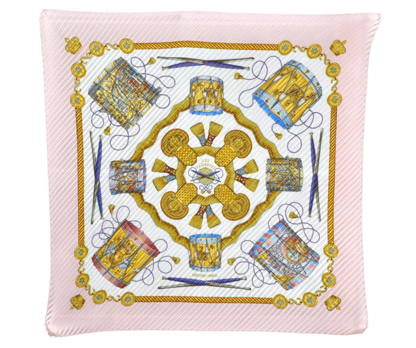 Authentic HERMES Pleats Scarf "LES TAMBOURS" Silk Pink Box 7838E