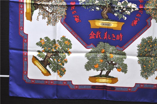 Authentic HERMES Carre 90 Scarf "BONSAI" Silk Blue Box 7839E