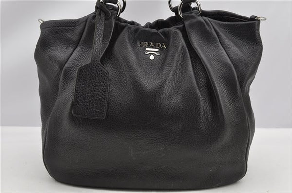 Authentic PRADA Cervo Antik Leather 2Way Shoulder Tote Bag BN1718 Black 7840F