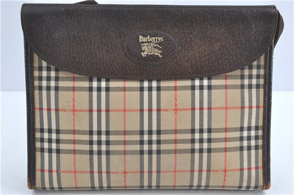 Auth Burberrys Vintage Nova Check Pattern Clutch Bag Canvas Leather Beige 7842B