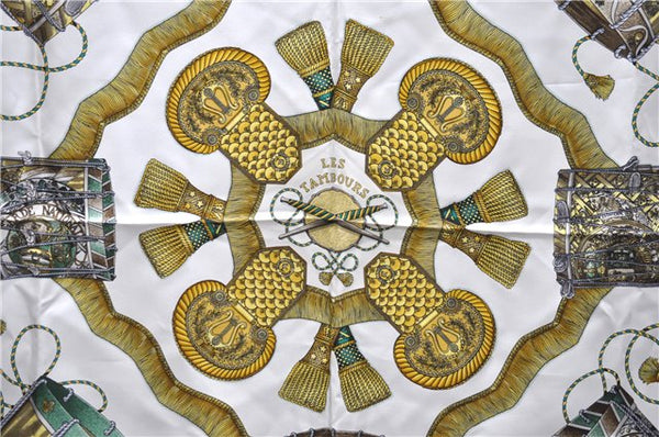 Authentic HERMES Carre 90 Scarf "LES TAMBOURS" Silk Light Green 7852D