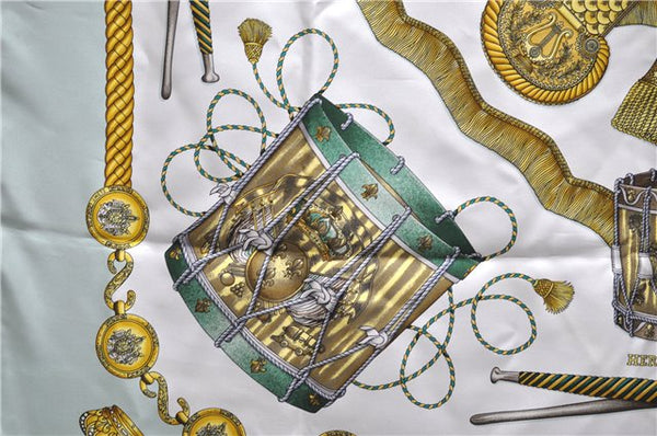 Authentic HERMES Carre 90 Scarf "LES TAMBOURS" Silk Light Green 7852D