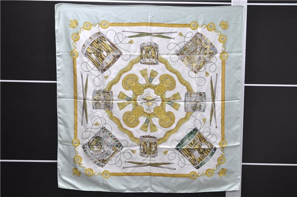 Authentic HERMES Carre 90 Scarf "LES TAMBOURS" Silk Light Green 7852D