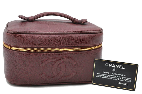 Authentic CHANEL Caviar Skin Vanity Cosmetic Bag Bordeaux Red 7855C