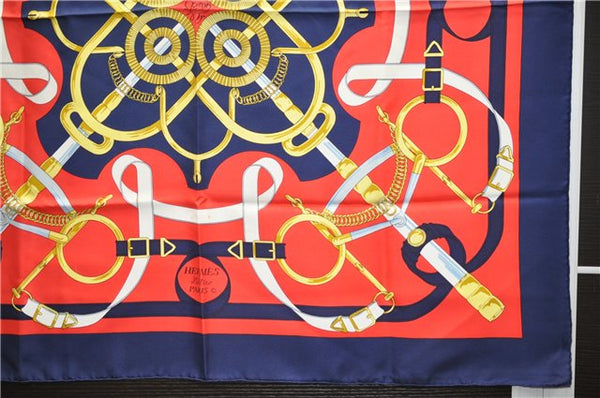 Authentic HERMES Carre 90 Scarf "Eperon d'or" Silk Navy 7858D