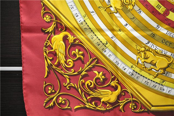 Authentic HERMES Carre 90 Scarf "DIES ET HORE" Silk Bordeaux Red 7871D