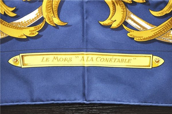 Authentic HERMES Carre 90 Scarf "LE MORS "A LA CONETABLE"" Silk Navy 7876D