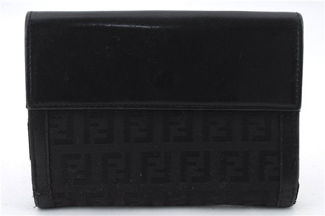 Authentic FENDI Zucchino Wallet Purse Canvas Leather Black 7896C