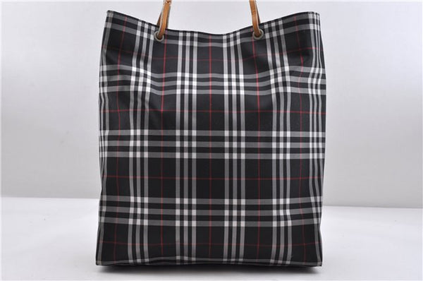 Authentic BURBERRY Check Shoulder Tote Bag Nylon Leather Black 7916C