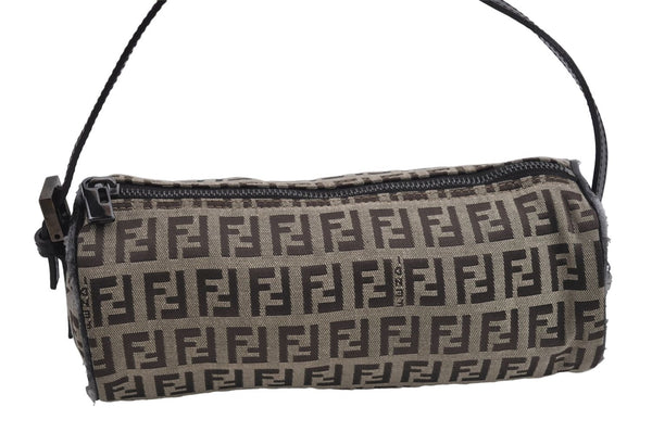 Authentic FENDI Zucchino Hand Bag Pouch Purse Canvas Leather Brown 7922D