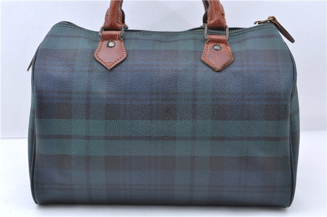 Auth POLO Ralph Lauren Check Pattern PVC Leather Hand Boston Bag Green 7923C