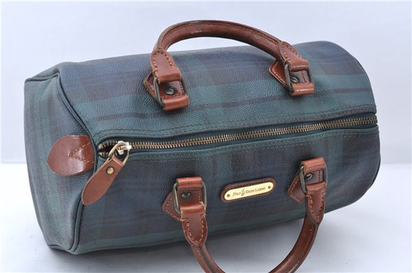 Auth POLO Ralph Lauren Check Pattern PVC Leather Hand Boston Bag Green 7923C