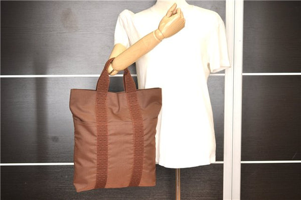 Authentic HERMES Her Line Cabas Nylon Tote Hand Bag Brown 7924F