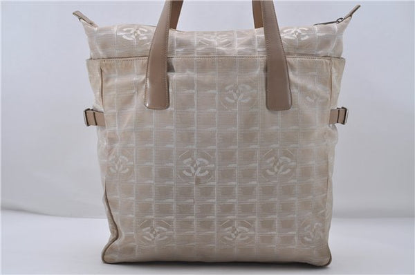 Authentic CHANEL New Travel Line Shoulder Tote Bag Nylon Leather Beige 7935D