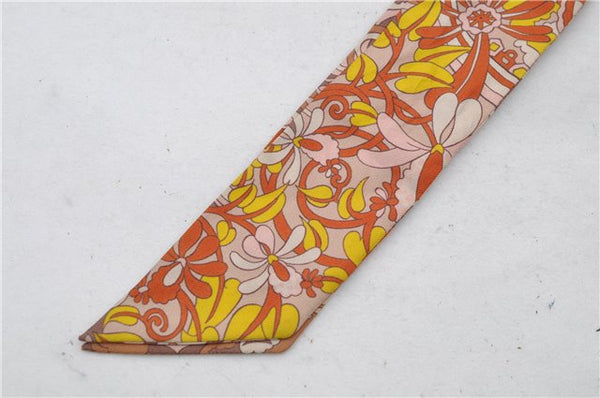Authentic HERMES Twilly Scarf Flower Motif Silk Brown Pink 7946C