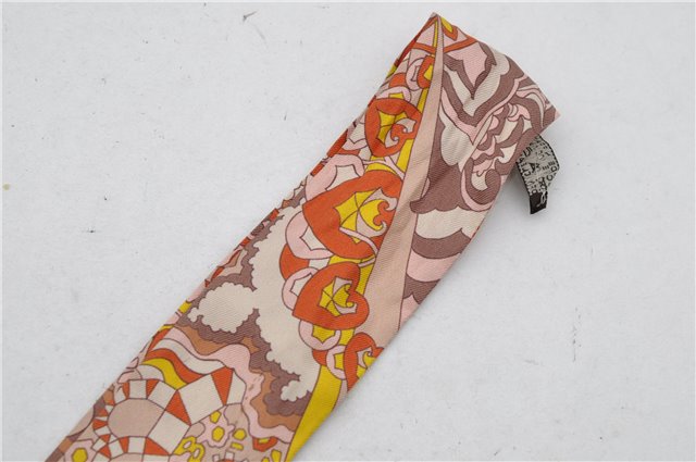 Authentic HERMES Twilly Scarf Flower Motif Silk Brown Pink 7946C