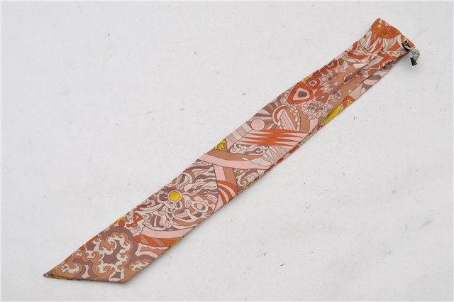 Authentic HERMES Twilly Scarf Flower Motif Silk Brown Pink 7946C