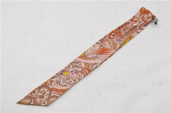 Authentic HERMES Twilly Scarf Flower Motif Silk Brown Pink 7946C