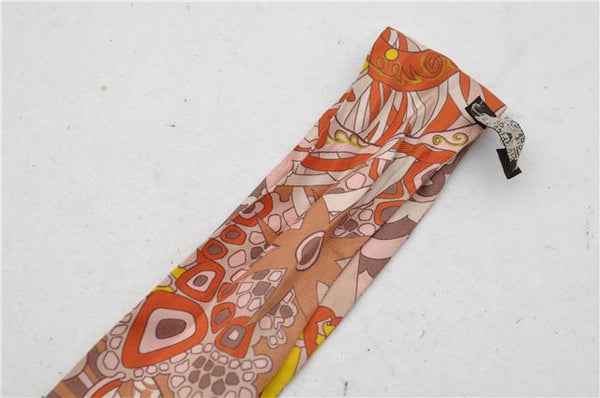 Authentic HERMES Twilly Scarf Flower Motif Silk Brown Pink 7946C