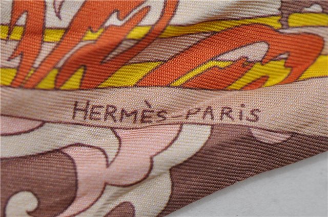 Authentic HERMES Twilly Scarf Flower Motif Silk Brown Pink 7946C