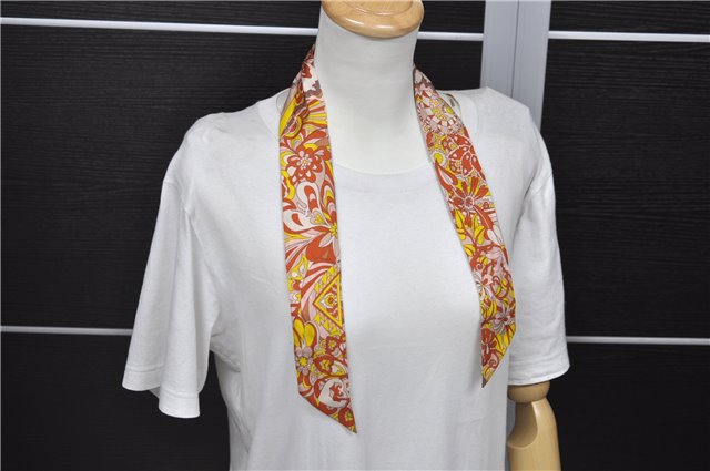 Authentic HERMES Twilly Scarf Flower Motif Silk Brown Pink 7946C