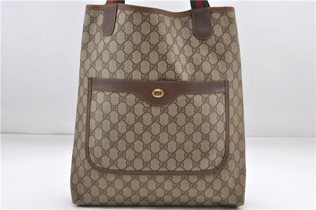 Authentic GUCCI Web Sherry Line Shoulder Tote Bag PVC Leather Brown 7969D