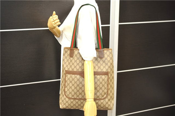 Authentic GUCCI Web Sherry Line Shoulder Tote Bag PVC Leather Brown 7969D