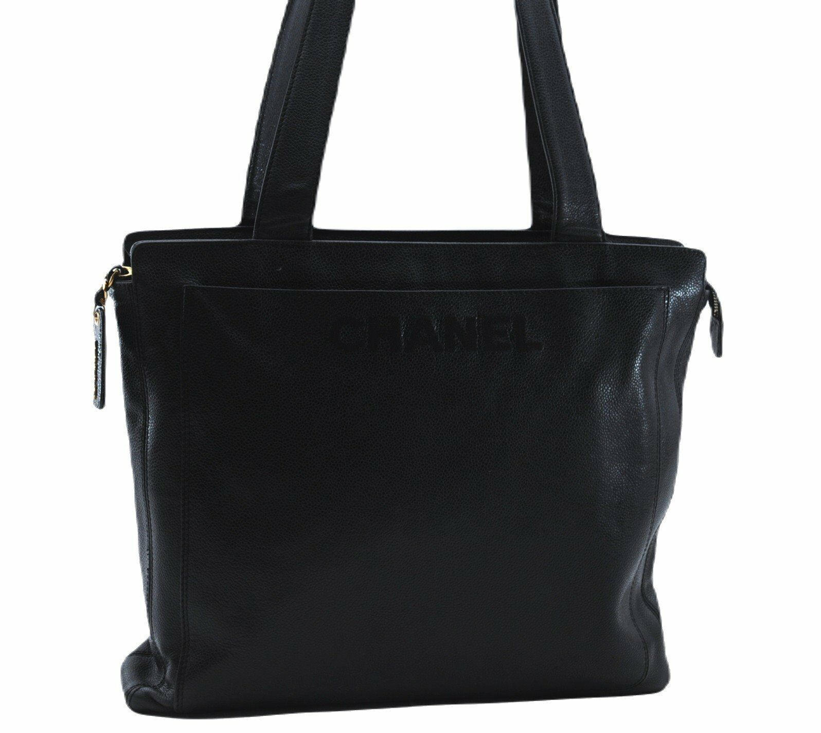 Authentic CHANEL Caviar Skin Shoulder Tote Bag Black 7971A