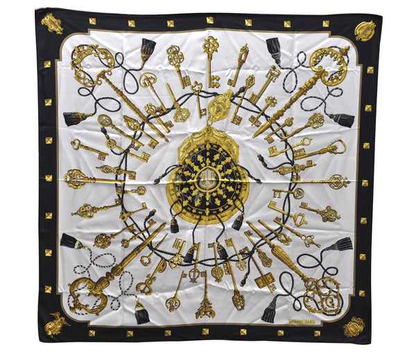 Authentic HERMES Carre 90 Scarf "Les Cles" Silk Black 7975C