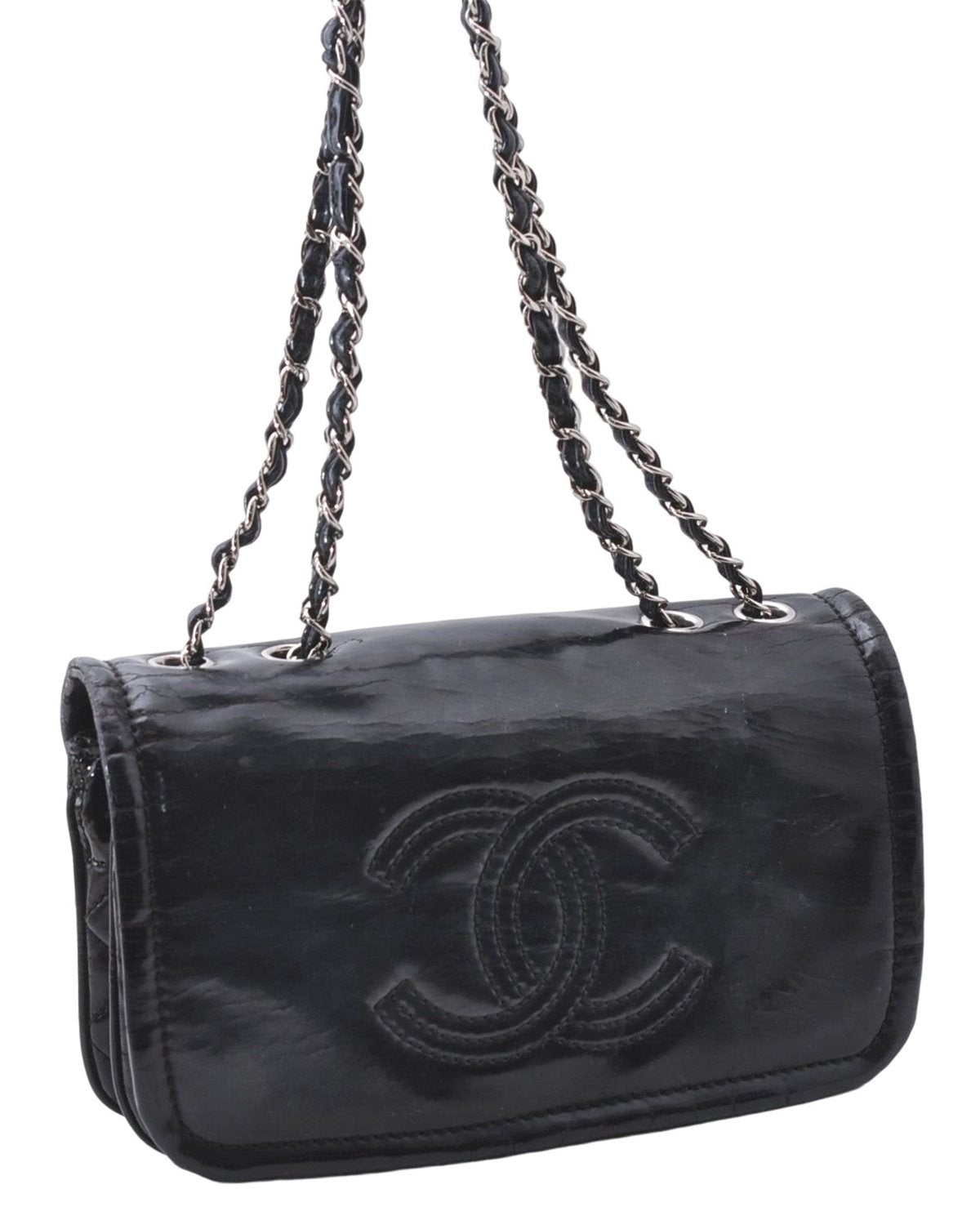 Authentic CHANEL Enamel CoCo Mark Chain Shoulder Bag Purse Black 7981D