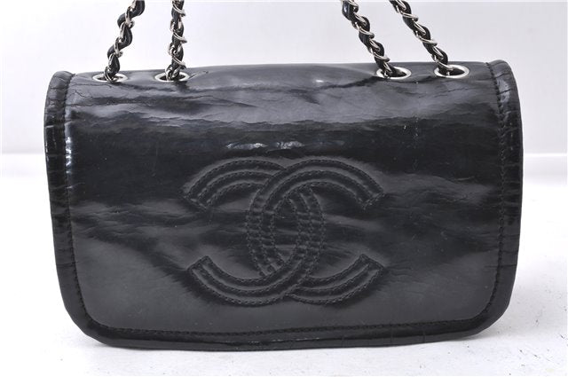 Authentic CHANEL Enamel CoCo Mark Chain Shoulder Bag Purse Black 7981D