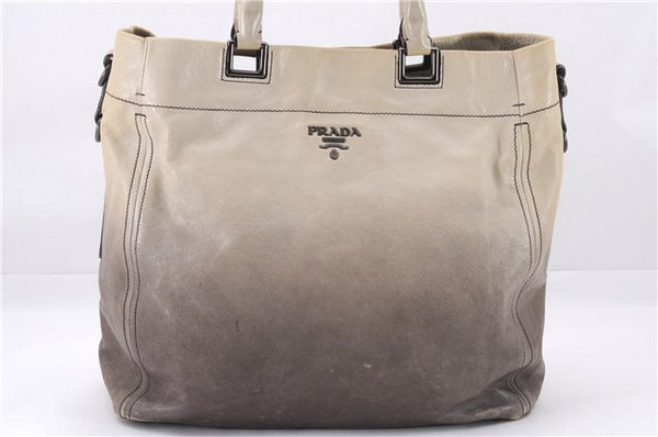 Authentic PRADA Leather Nappa 2Way Shoulder Tote Bag Gradation Ivory Gray 7994E