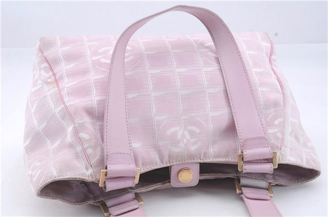 Authentic CHANEL New Travel Line Shoulder Hand Bag Nylon Leather Pink 8023D