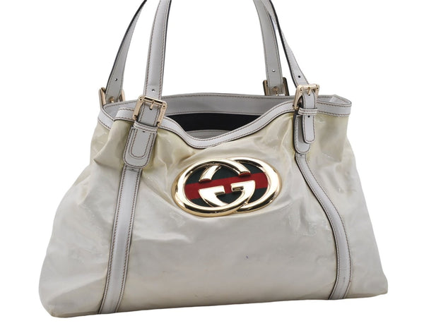 Auth GUCCI Web Sherry Line New Britt Double G Shoulder Tote Bag PVC White 8036D